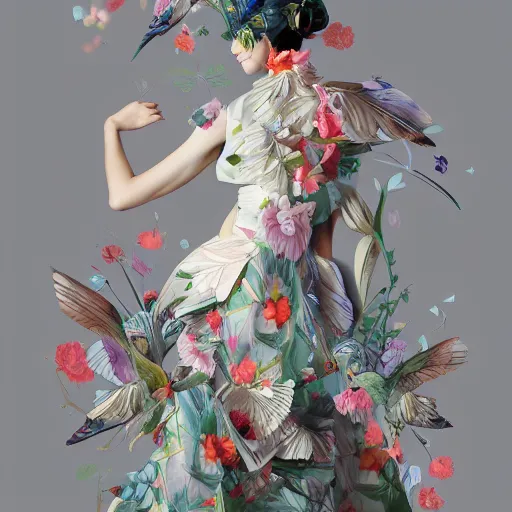 Image similar to 3 / 4 view of a beautiful girl wearing an origami dress, eye - level medium shot, fine floral ornaments in cloth and hair, hummingbirds, elegant, by eiko ishioka, givenchy, by peter mohrbacher, centered, fresh colors, origami, fashion, detailed illustration, vogue, japanese, reallusion character creator