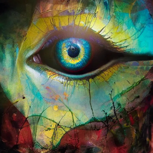 Image similar to A beautiful collage a large eye that is looking directly at the viewer. The eye is composed of a myriad of colors and patterns, and it is surrounded by smaller eyes. The smaller eyes appear to be in a state of hypnosis, and they are looking in different directions. by Norman Cornish, by Brooke Shaden playful