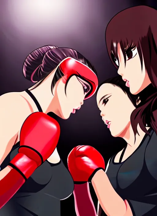 Prompt: two beautiful female boxers facing each other, black top, dim lighting, gorgeous features, smooth, detailed anime art