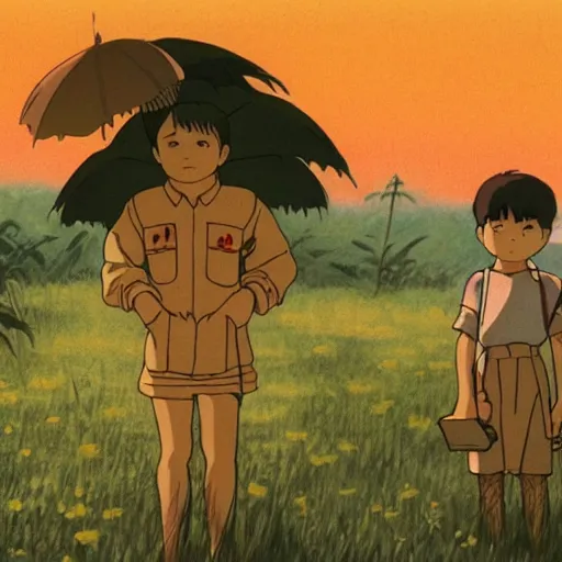 Image similar to Film still from Grave of the Fireflies (1988), evening, Studio Ghibli, Artstation