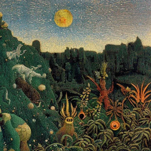 Image similar to a beautiful alien planet with plants and strange animals. Oil painting in the style of Segantini.