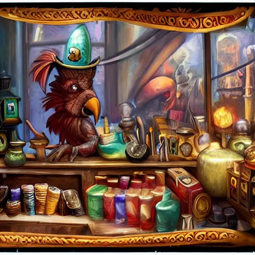 Image similar to Magic the gathering artwork of Anthropomorphized parrot trader in his shop, shelves full, selling a gem, portrait, items, magic potions, carpet, window, fancy funny hat, sly expression , cunning expression, cute expression, presenting magic gem, D&D, fantasy, cinematic lighting, highly detailed, digital painting, artstation, concept art, smooth, sharp focus, illustration, warm light, cozy warm tint, magic the gathering artwork, volumetric lighting, 8k, no gold, no gold colours, art by Akihiko Yoshida and Greg Rutkowski