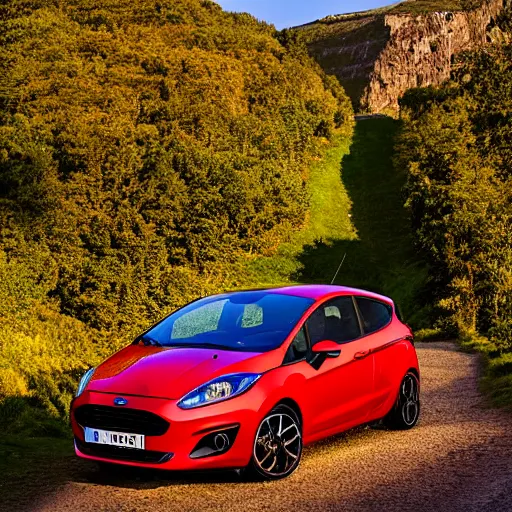 Prompt: red ford fiesta mk 6 zetec on a mountain road, award winning photograph, golden hour