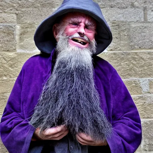 Image similar to an old bald mad wizard with bushy grey eyebrows, long grey hair and wearing a grey wizard hat, disheveled, wise old man, wearing a purple detailed coat, a bushy grey beard, sorcerer, he is yelling and laughing