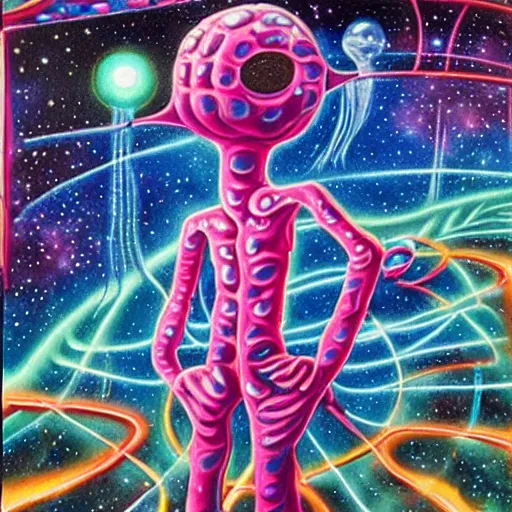 Prompt: a very strange humanoid alien on an alien world somewhere in the cosmos by kenny scharf