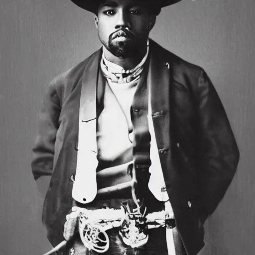 Image similar to a photo of kanye west as a cowboy taken in 1 8 6 0's, real life, detailed face, grainy