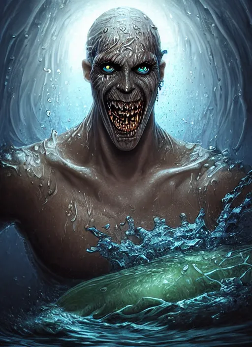 Prompt: digital painting of a wet undead merfolk man, with pale white skin, sharp teeth, black hollow eyes, head just above water surface, by filipe pagliuso and justin gerard, fantasy, highly detailed, realistic, intricate, glowing eyes