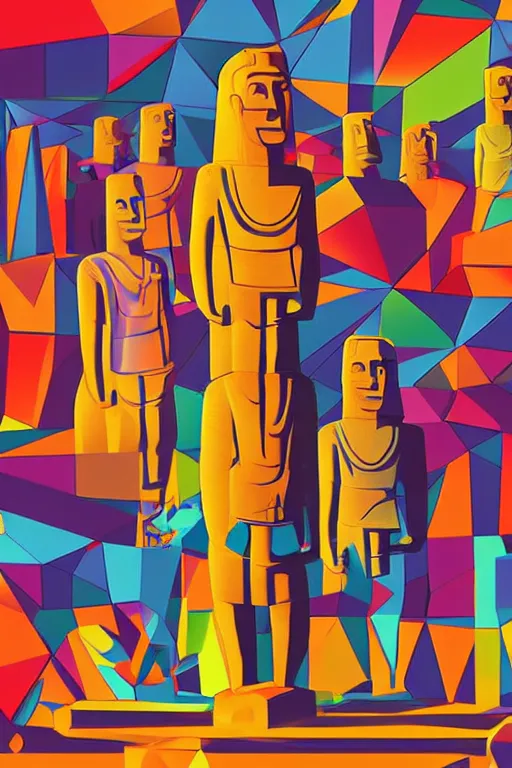 Image similar to cubist moai statue cutout digital illustration cartoon colorful beeple