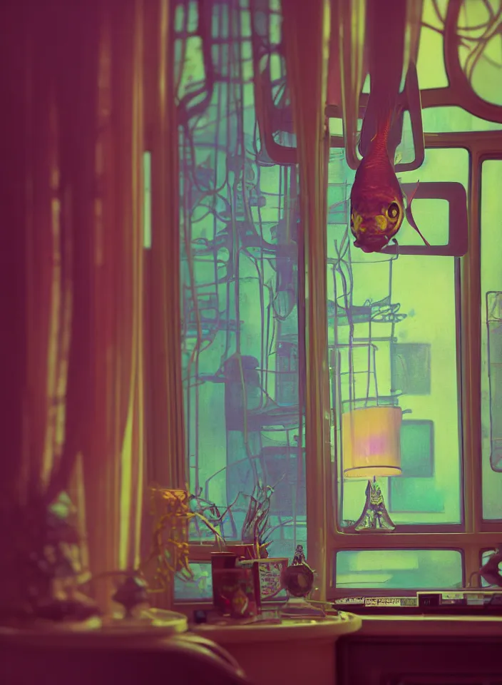 Prompt: telephoto 7 0 mm f / 2. 8 iso 2 0 0 photograph depicting the feeling of chrysalism in a cosy safe cluttered french sci - fi ( art nouveau ) cyberpunk apartment in a pastel dreamstate art cinema style. ( office with ) ( ( fish tank ) ), ambient light.