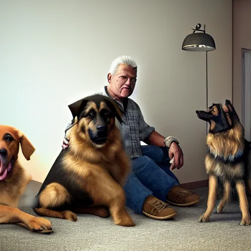 Image similar to a picture of an old man with 2 giant dogs next to him living in a small messy apartment, German shepard and a golden retriever, midwestern redneck life, sharp edges, realistic image, 8k UHD, arnold render, realism, dramatic, HD, high details, poverty