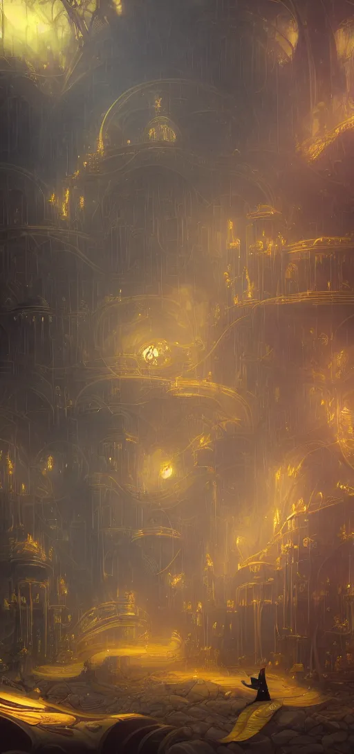 Image similar to pipe organ underwater with gold trim, by peter mohrbacher dan mumford craig mullins nekro, cgsociety, pixiv, volumetric light, 3 d render, smoke, dark fog, high contrast colors, lost atlantis