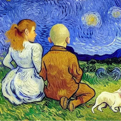 Image similar to girl with curly blonde hair sits next to her white pitbull, sitting on a riverbank watching the sunset, painting by van gogh