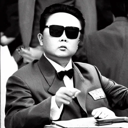 Image similar to Kim Jong-il in the role of James Bond, action filmstill, 1960s spy, Walther PPK