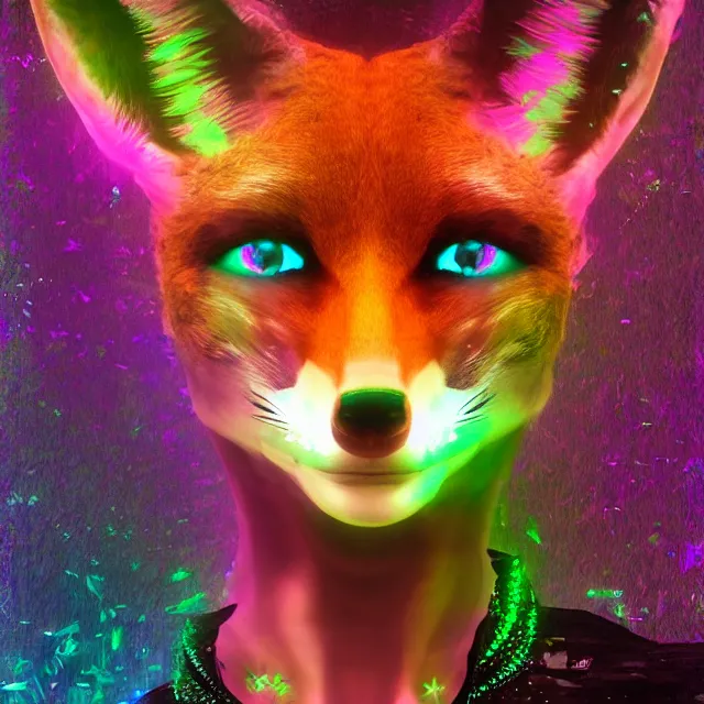 Image similar to a character portrait of the avatar for an female humanoid fox raver a. i. in the style of glitch art in the style of surreal art trending on artstation deviantart pinterest furaffinity photorealistic hd 8 k highlights and shadow detailed high resolution