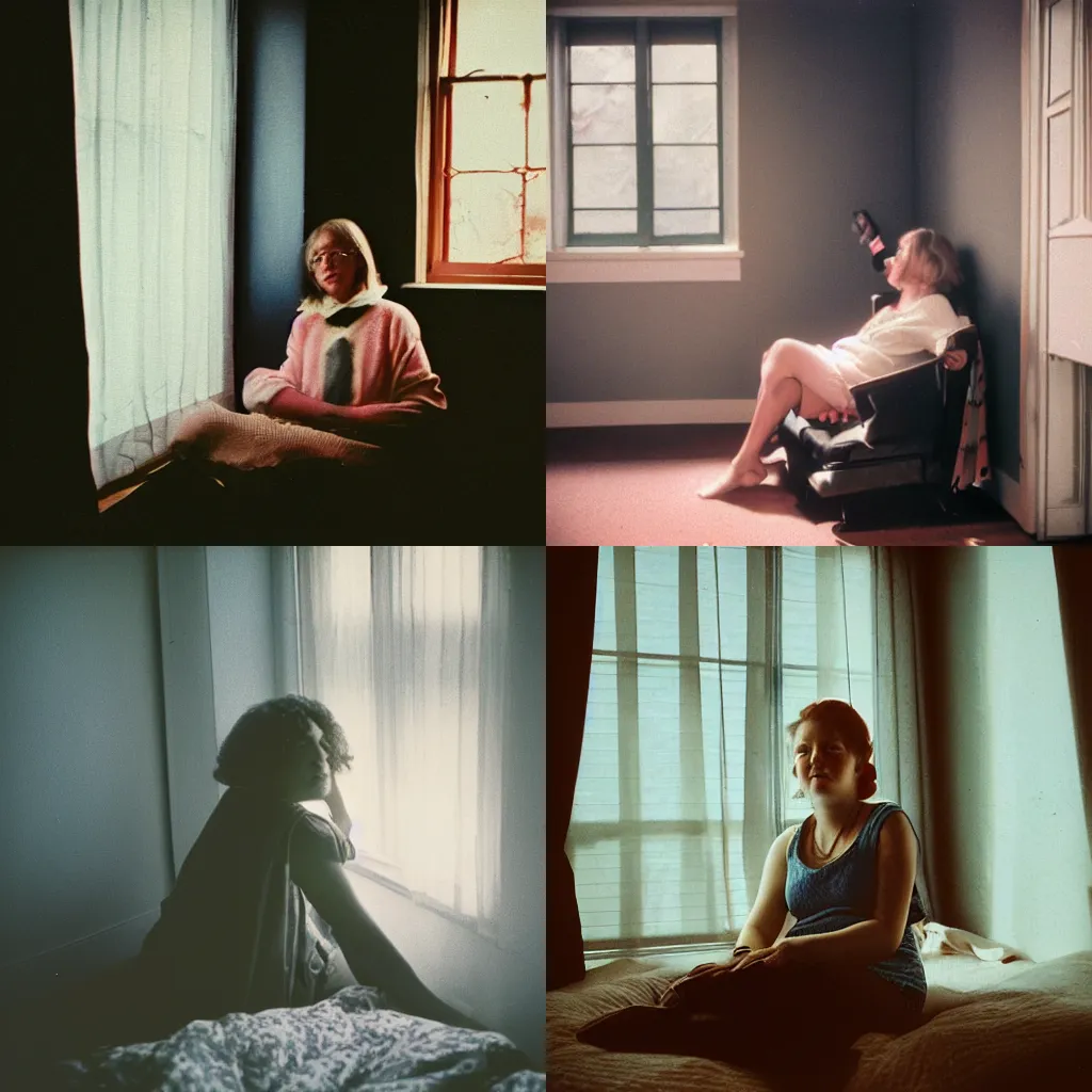 Prompt: flash photography of a woman in her mid 20\'s sitting in her bedroom. Sunlight coming from the window. Late 90\'s. Color film camera. Cinematic composition