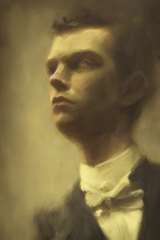 Image similar to detailed cinematic moody colors studio portrait of a young victorian gentleman being controled like a puppet, creepy possesed evil vibe, high quality by jeremy mann, only one head single portrait