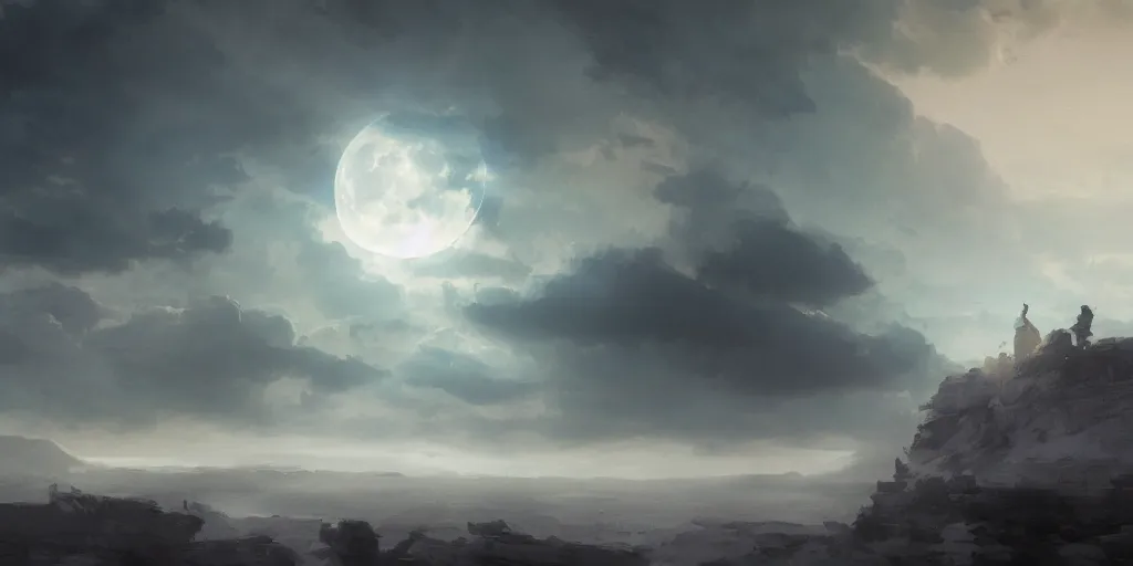 Prompt: an unseen moon, untouchable, color, detailed, cinematic landscape, atmospheric lightintg, sky, dynamic angle, good composition, fantasy world, upon the clouds, trending on artstation art by ruan jia