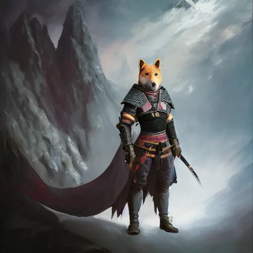 Prompt: wearing witcher 3 black armor, anthropomorphic shiba inu, shiba inu face, stuning 3 d render, masterpiece, glowing aura, by donato giancola and greg rutkowski and wayne barlow and zdzisław beksinski, realistic face