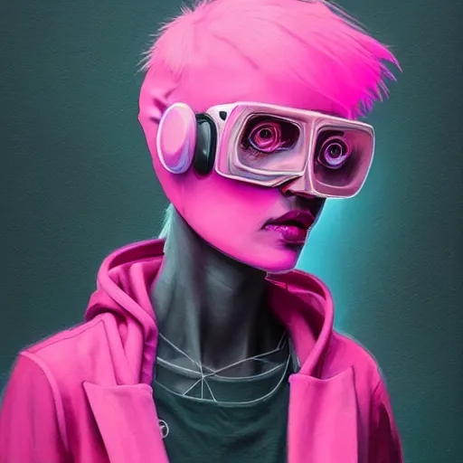 Prompt: Portrait of a woman by Greg Rutkowski, symmetrical face, a girl withj neon pink bob hair wearing a VR Headset, Kubric Stare, crooked smile, she's wearing an oversized hoodie, highly detailed portrait, scifi, digital painting, artstation, book cover, cyberpunk, concept art, smooth, sharp foccus ilustration, Artstation HQ