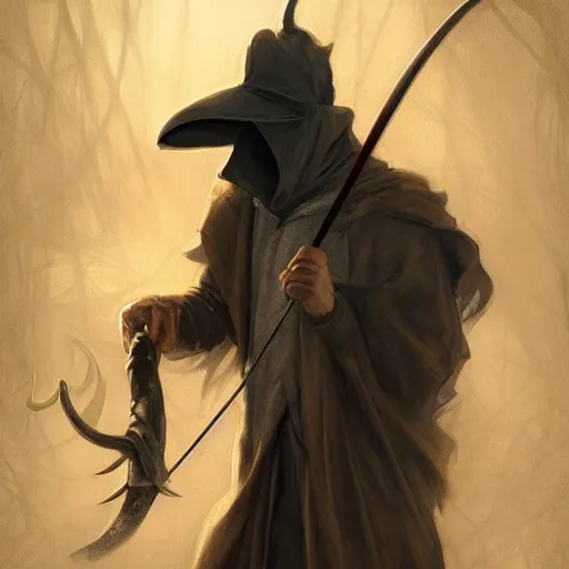 Prompt: ! dream a plague doctor hunting with a bow, with antlers on his head, deep focus, intricate, elegant, highly detailed, digital painting, artstation, concept art, matte, sharp focus, illustration, art by artgerm and greg rutkowski and alphonse mucha