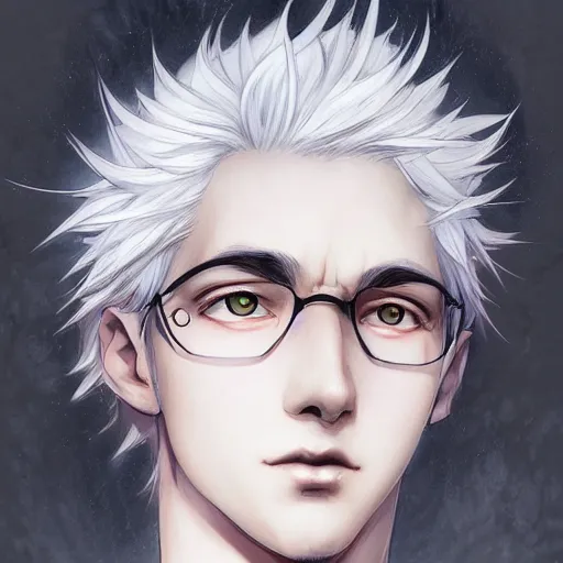 Prompt: Semi realistic anime illustration of white haired parted down the middle short hair man, with beautiful hyperdetailed black sclera eyes, full face portrait made by Stanley Artgerm, WLOP, Rossdraws, James Jean Andrei Riabovitchev, Marc Simonetti, Yoshitaka Amano, Artstation