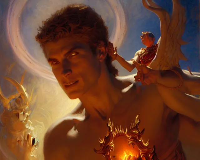 Image similar to attractive male deity, casting demonic magic, summoning handsome lucifer morning star. highly detailed painting by gaston bussiere, craig mullins, j. c. leyendecker 8 k