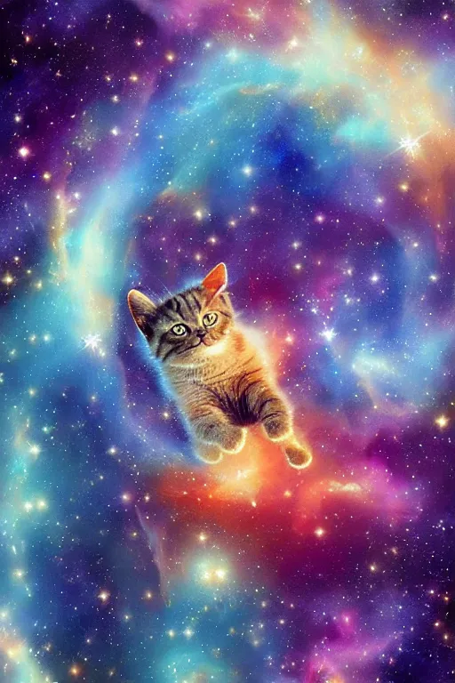 Prompt: A cat nebula, space colors, beautiful painting, cute kitten