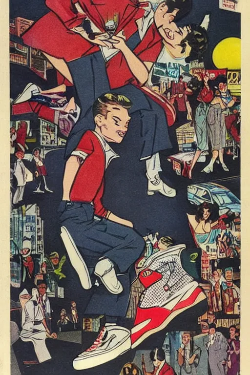 Image similar to Jordan shoes in the style of a 50s by Frank Hampson and mcbess, 1950s