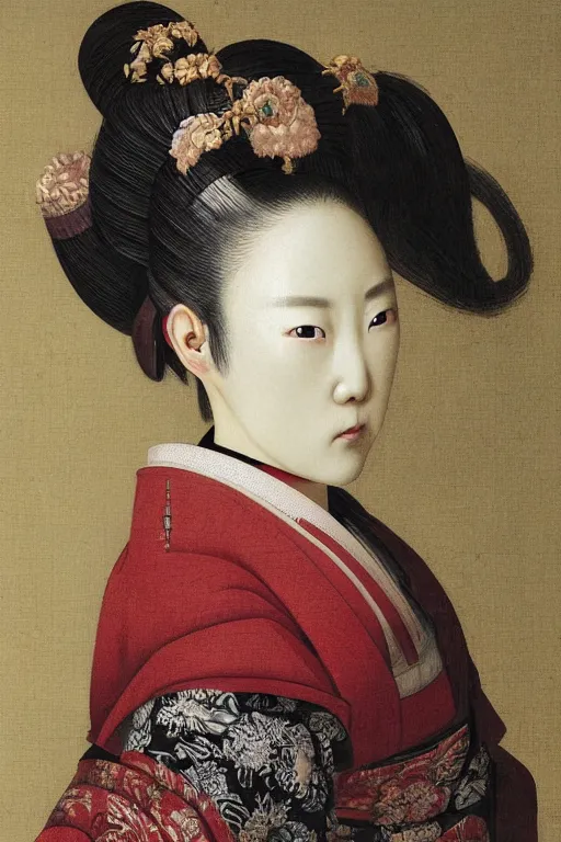 Image similar to Baroque painting of a female Japanese Samurai, inspired by Gustav Moreau and Wayne Barlowe, exquisite detail, hyper realism, ornate, exquisite detail, cute face