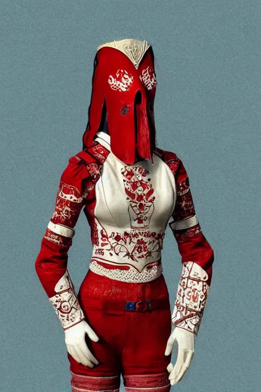 Image similar to female adventurer in tight full - body white embroidered leather armor of ukrainian vyshyvanka design with red accents and a red porcelain crow mask, trending in artstation, ukrainian, artstation, big moon in the background, establishing shot