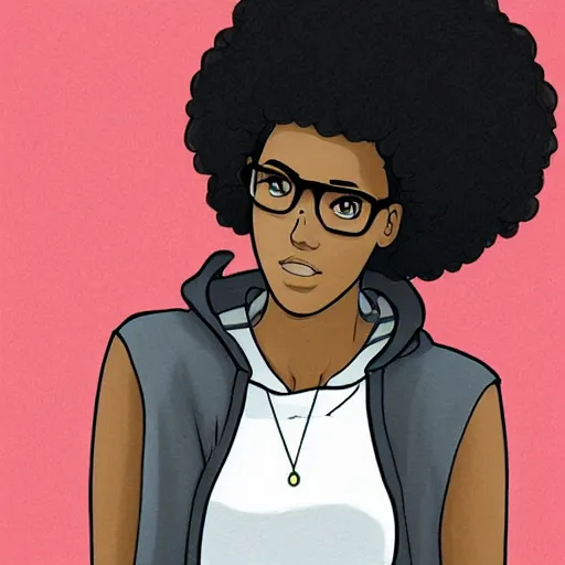 Prompt: a very beautiful girl with dark complexion, long, curly, afro hair, stylistic oval black eyes, half - frame square glasses, grey hoodie opened, white tank top, jeans, kim kardashian proportions, character art, cute, digital art, cartoon network, cel shaded, character art