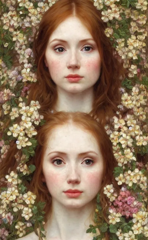 Prompt: a realistic oil painting of a girl resembling karen gillan, covered in flowers, highly detailed, intricate, detailed background, artstation, by mucha, by william adolphe bouguereau, by waterhouse