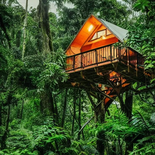 Image similar to a treehouse in a lush jungle during a thunderstorm in the evening