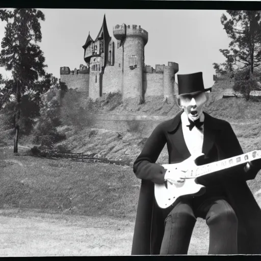 Image similar to vintage photograph of count orlok outside his castle, playing the blues on guitar, castle in the background, 4 k