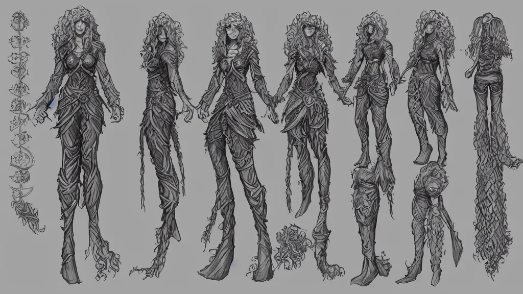 Image similar to a fantasy curly haired female elf druid character design sheet, trending on artstation