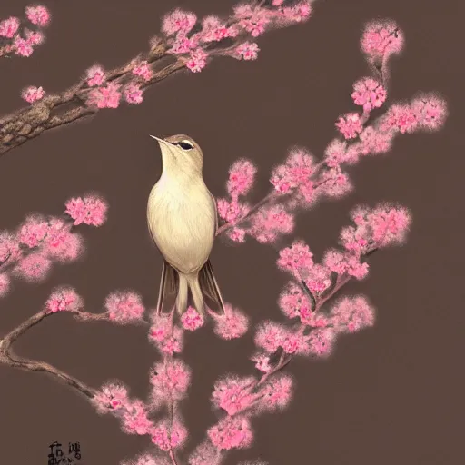 Prompt: A beautiful and elegant scene of a nightingale singing on a branch in a sakura tree, lifelike, no blur, highly detailed, close up, digital art, artstation, pixiv, 4k, by Lulu Chen