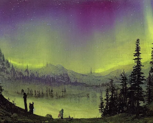 Prompt: forest, mountains, northern lights, nightsky with stars, matte painting, romantic impressionism, painted by Caspar David Friedrich