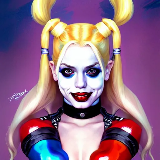 Prompt: Harley Quinn, Portrait of a girl with blonde hair and two pigtails wearing a shiny latex top, face, fantasy, intricate, elegant, highly detailed, digital painting, artstation, concept art, smooth, sharp focus, illustration, art by Fernanda Suarez and Artem Demura and alphonse mucha