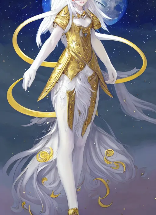 Image similar to commissioned full body portrait of a female anthro wolf princess fursona with white hair wearing a white and gold Japanese armored dress in a white and gold palace on a starry night with a large crescent moon, by a professional manga illustrator, Stanley Artgerm Lau, WLOP, Rossdraws, James Jean, Andrei Riabovitchev, Marc Simonetti, and Sakimichan, trending on artstation