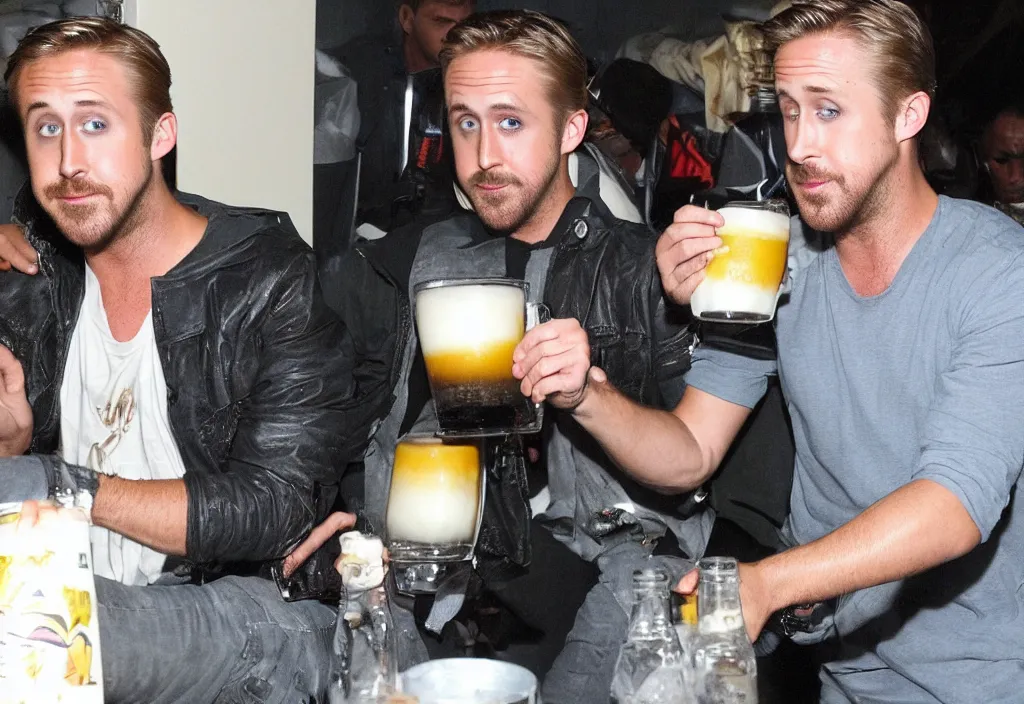 Image similar to Ryan Gosling drinks a huge mug of beer