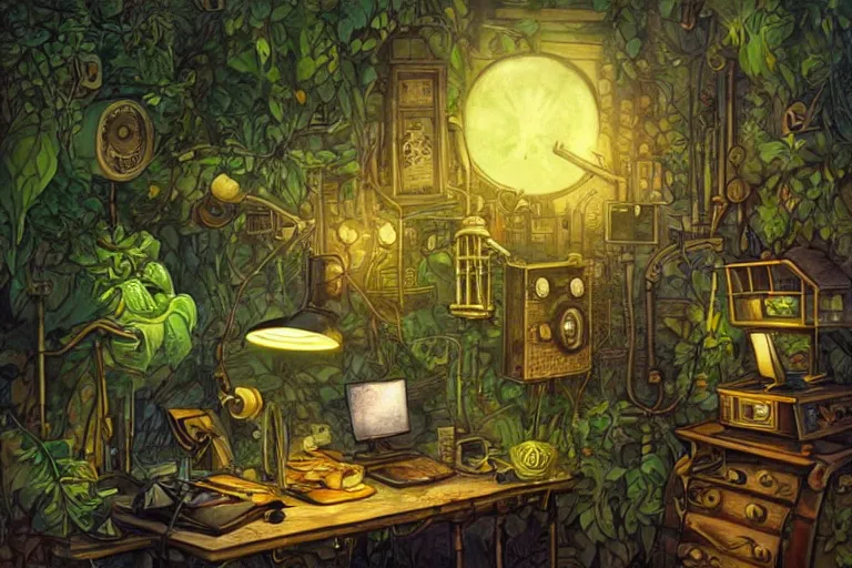 Prompt: Small desk at night with desklamp inside a steampunk machine room with lush vegetation growing around the machines, tropical trees, large leaves, flowers, beautiful starry night sky showing thought the windows, beatifully lit, very detailed painting, vintage science fiction illustration, Studio Ghibli, Rebecca Guay