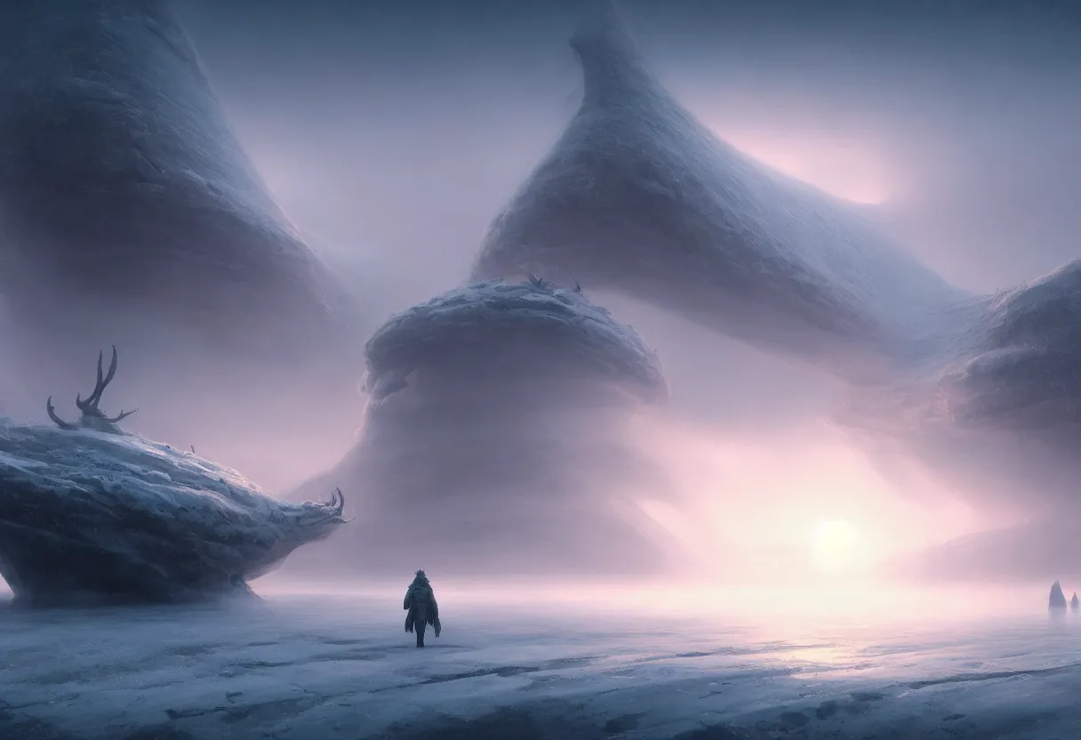 Prompt: strange surface of another frozen winter planet at sunset, sea creature emerging, ultra high definition, ultra detailed, symmetry, fog, matte painting, by greg rutkowski and ross tran and wlop