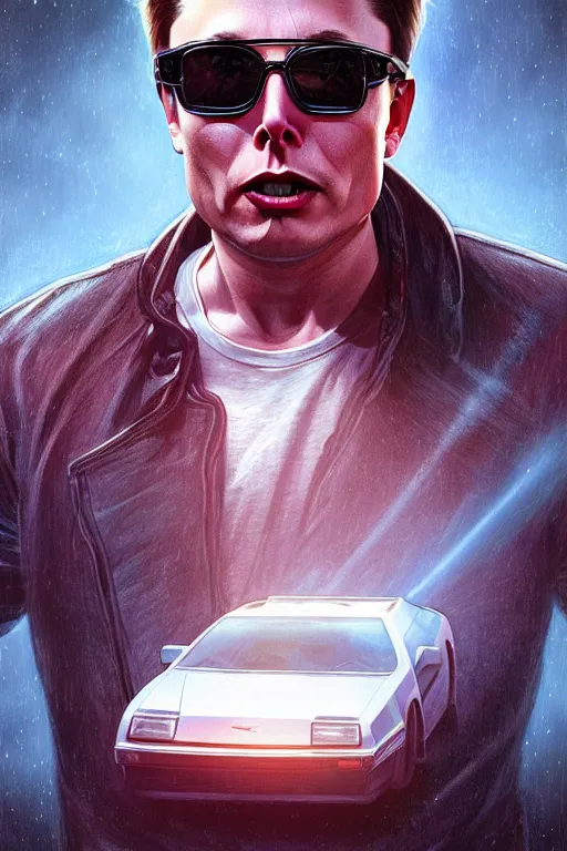 Prompt: elon musk as marty mcfly near delorean, realistic portrait, symmetrical, highly detailed, digital painting, artstation, concept art, smooth, sharp focus, illustration, cinematic lighting, art by artgerm and greg rutkowski and alphonse mucha