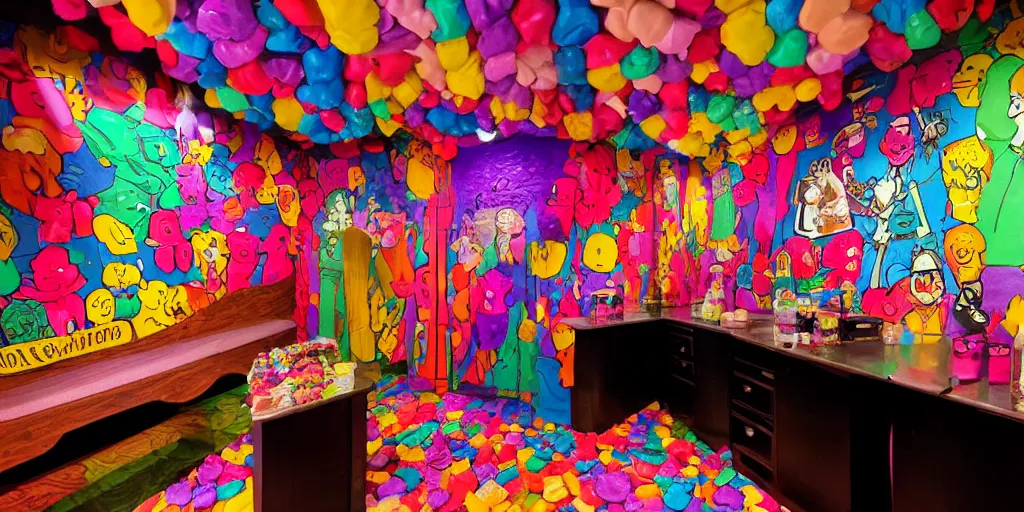 Prompt: a dimly lit, colorful, theater dressing room, made of candy, cartoon style