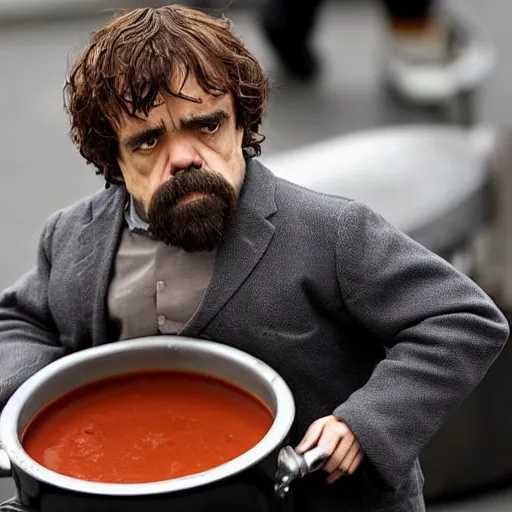 Prompt: soaked Peter dinklage served in a pot of tomato soup