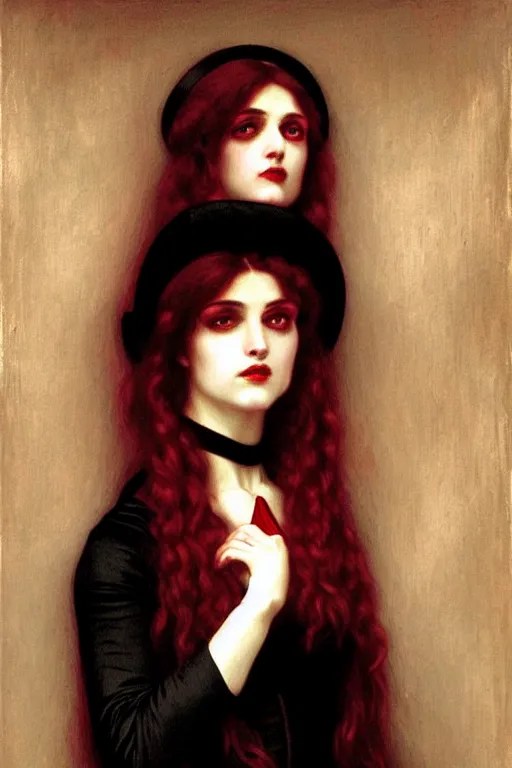 Image similar to victorian vampire in red velvet, painting by rossetti bouguereau, detailed art, artstation