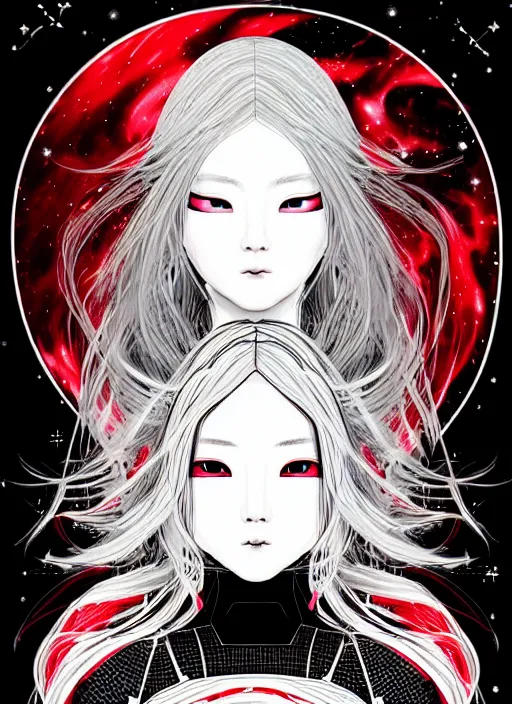 Prompt: highly detailed portrait of a hopeful pretty astronaut lady with a wavy blonde hair, by Kunisada , 4k resolution, nier:automata inspired, bravely default inspired, vibrant but dreary but upflifting red, black and white color scheme!!! ((Space nebula background))