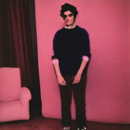 Prompt: oscar isaak in pink fluffy sweater, 7 0 - s, polaroid photo, by warhol,