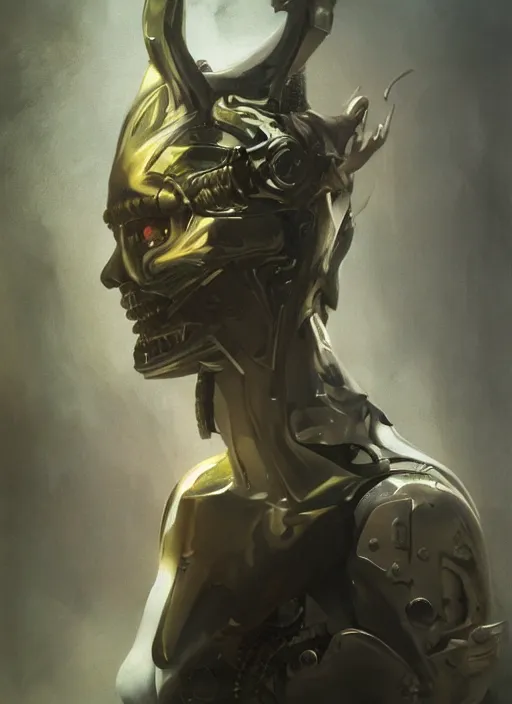 Image similar to portrait of futuristic demon cyborg, painted with thick brush strokes, matte painting, modern fine art, fractal, intricate, elegant, highly detailed, subsurface scattering, by jheronimus bosch and greg rutkowski,