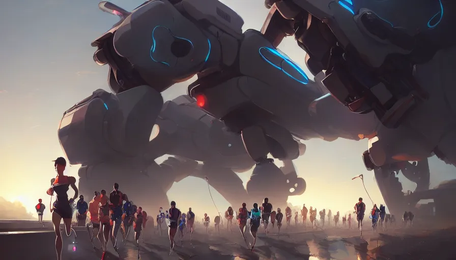 Prompt: marathon with running robots and people, artgerm greg rutkowski makoto shinkai, artstation